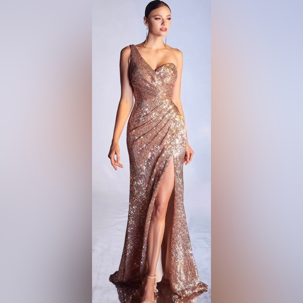One-Shoulder Rose Gold Sequin Maxi Dress